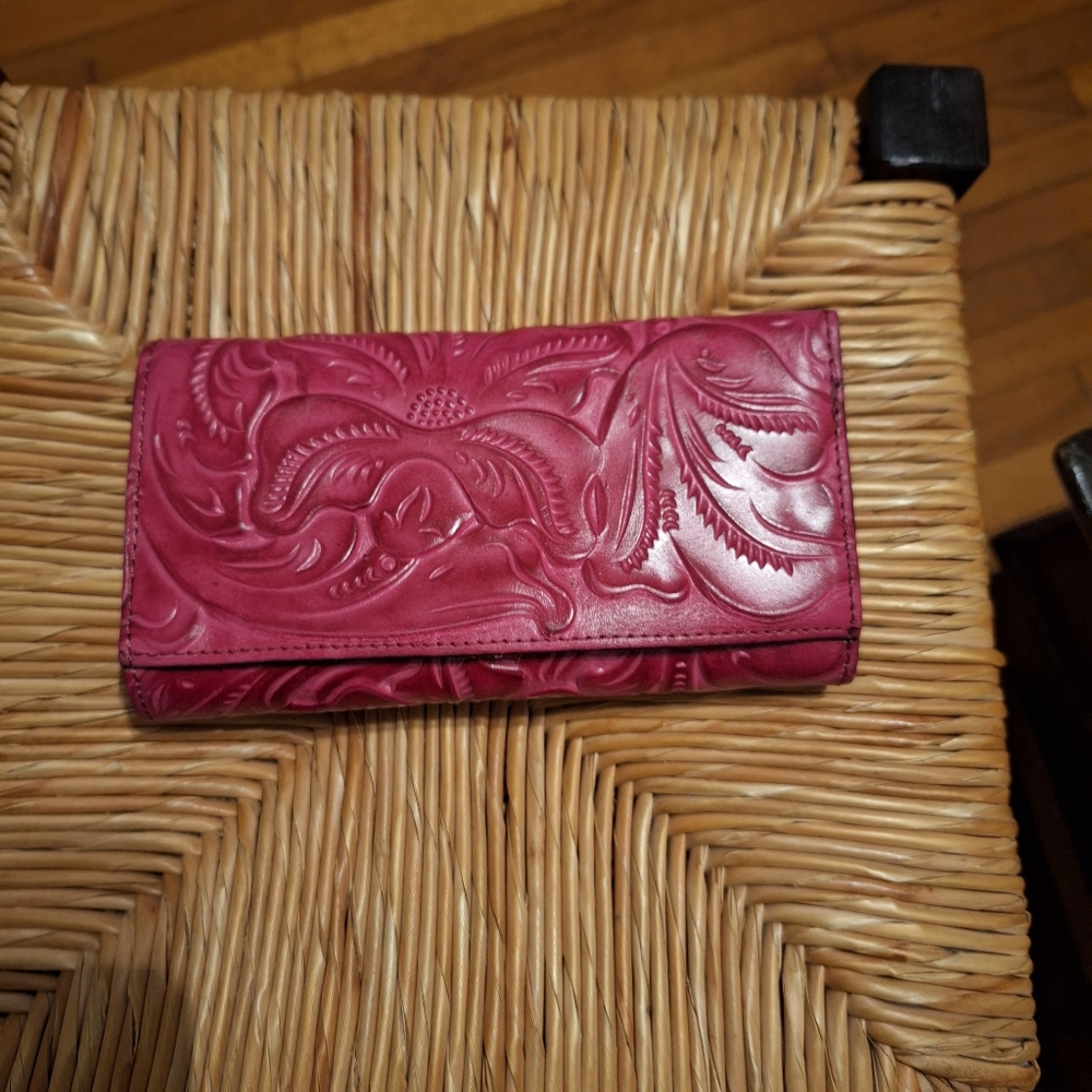 Patricia Nash Tri-Fold Pink Fuchsia Tooled Leather Long Wallet